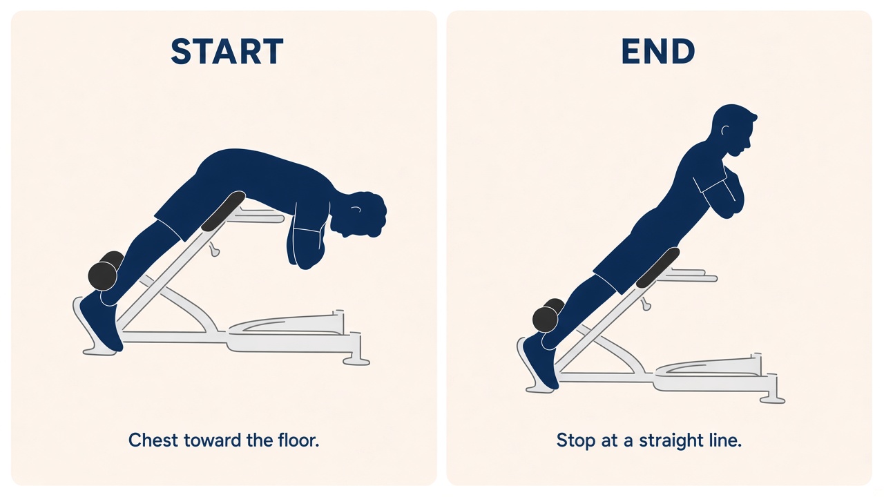 Start folded over the pad with the chest down. End in a straight line, not arched past it.