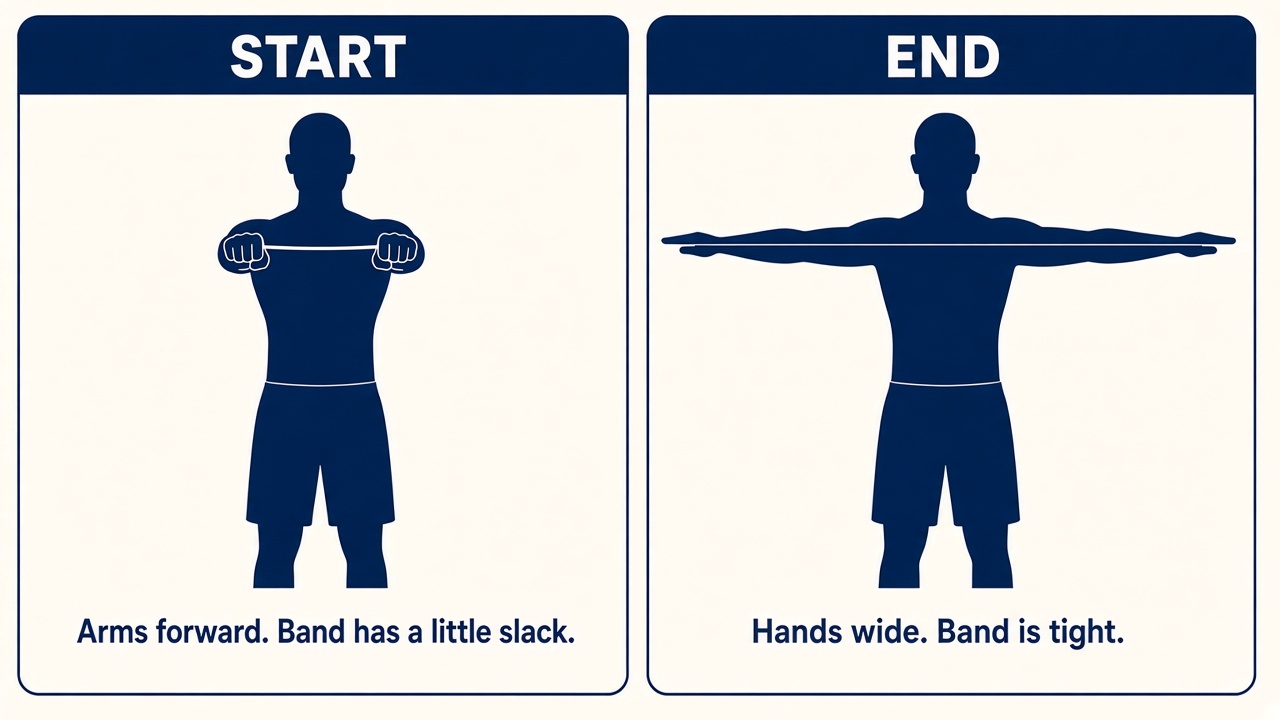 Facing you: hands in front of the chest with a short slack band, then arms wide with the band tight.