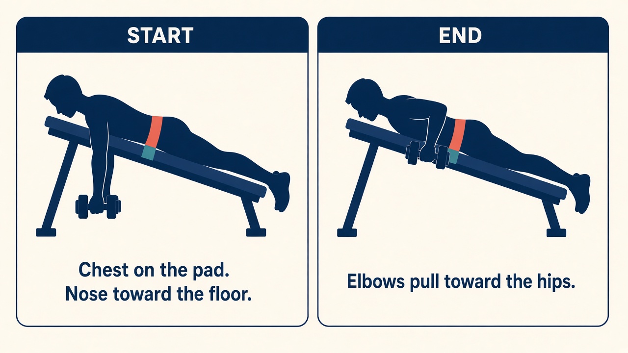 Face down on an incline bench. Arms hang, then the elbows pull up toward the hips.