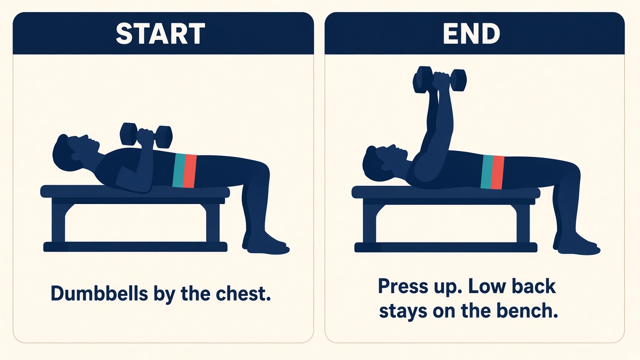Side view on a bench. Start with the dumbbells by the chest. End with the arms pressed up and the low back still on the bench.