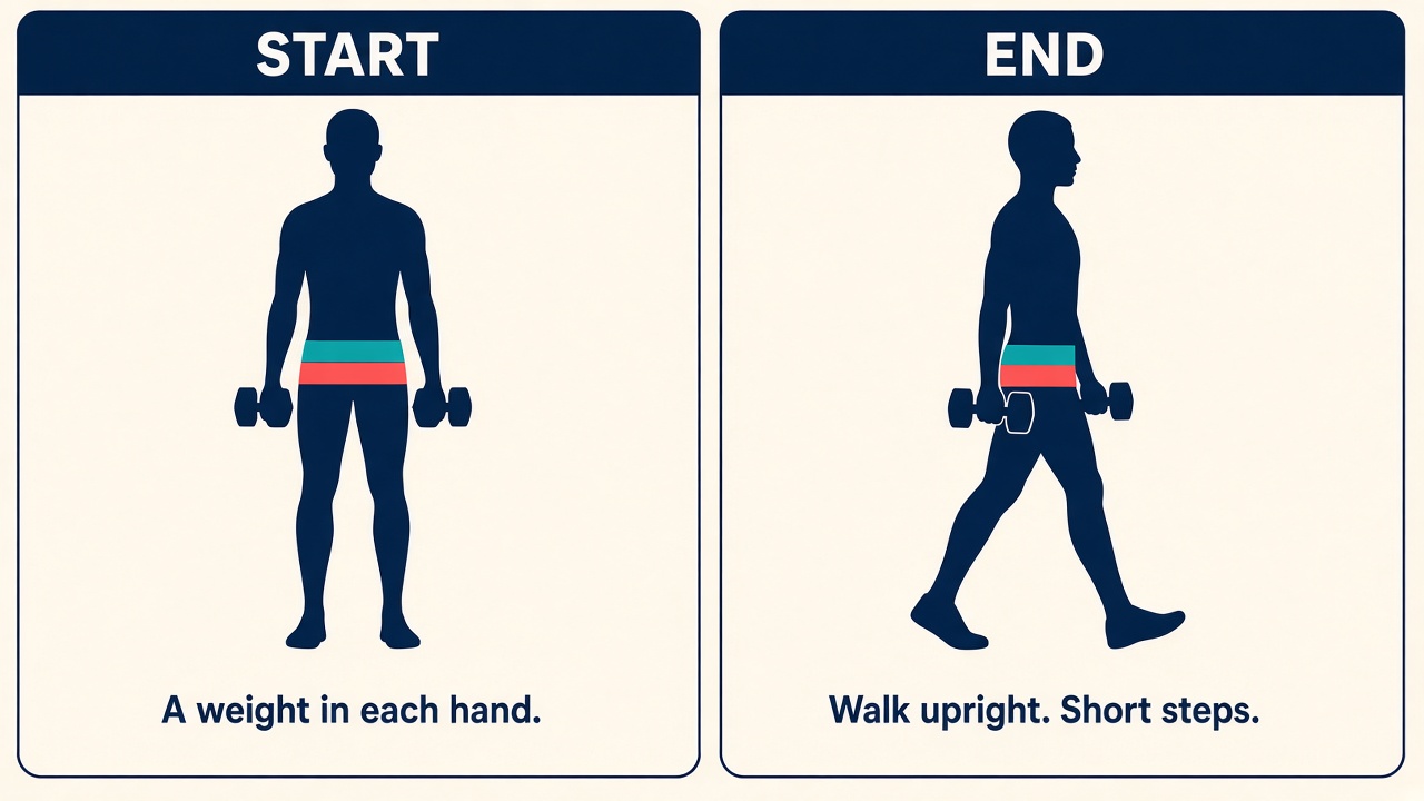 A weight in each hand, standing tall, then walking upright.