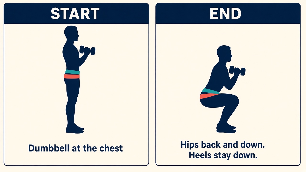 Start standing with a dumbbell at the chest. End in a squat with hips back and heels down.