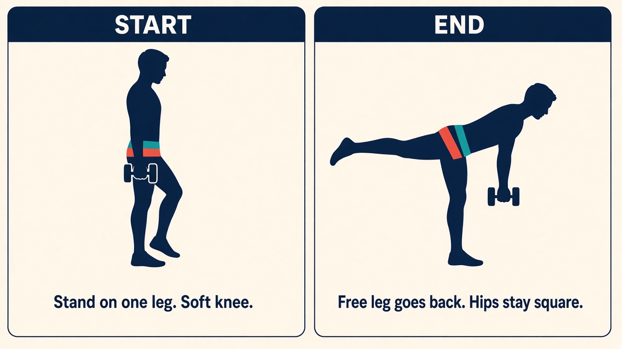Stand on one leg, then hinge until the free leg goes back and the hips stay square.