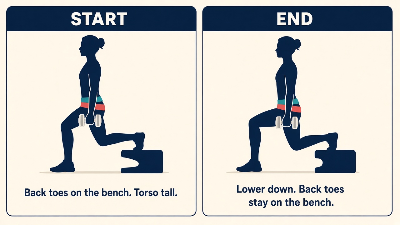Rear toes on a bench, then the same stance lowered with the front thigh near parallel.