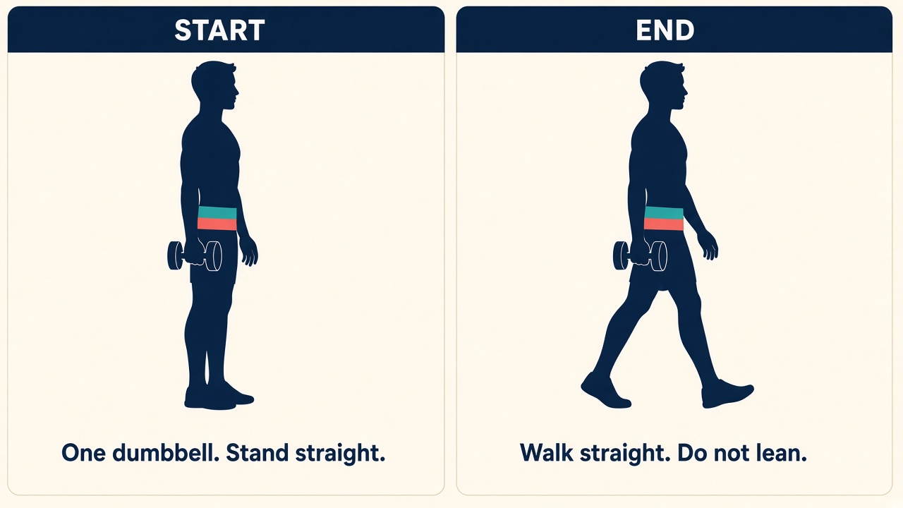 One dumbbell at the side, walking without leaning away from it.
