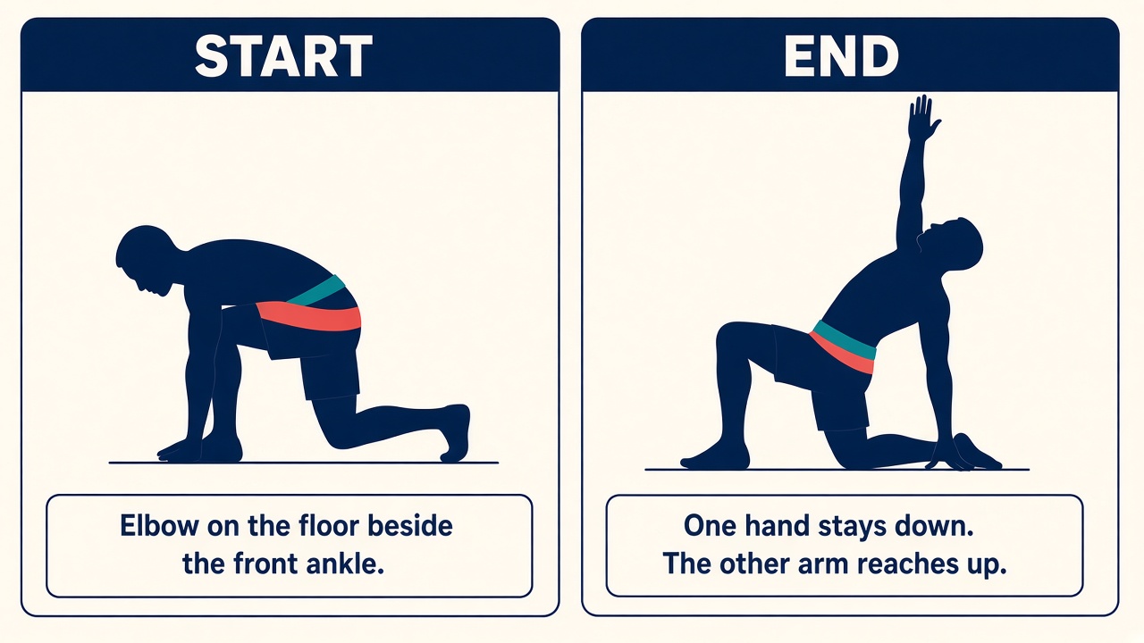 Start: low lunge with the elbow by the front ankle. End: one hand stays down and the other arm reaches up.