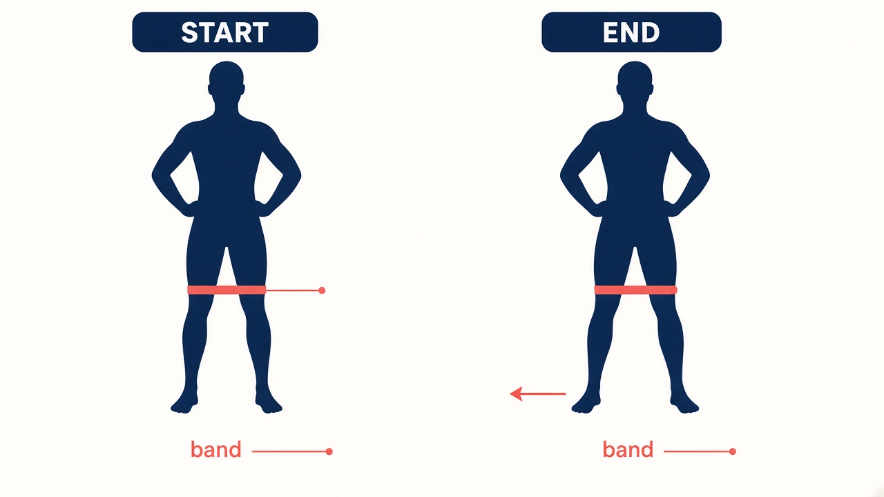 Front view. A band above the knees. Start with feet hip-width. End with one foot stepped out, trunk upright.