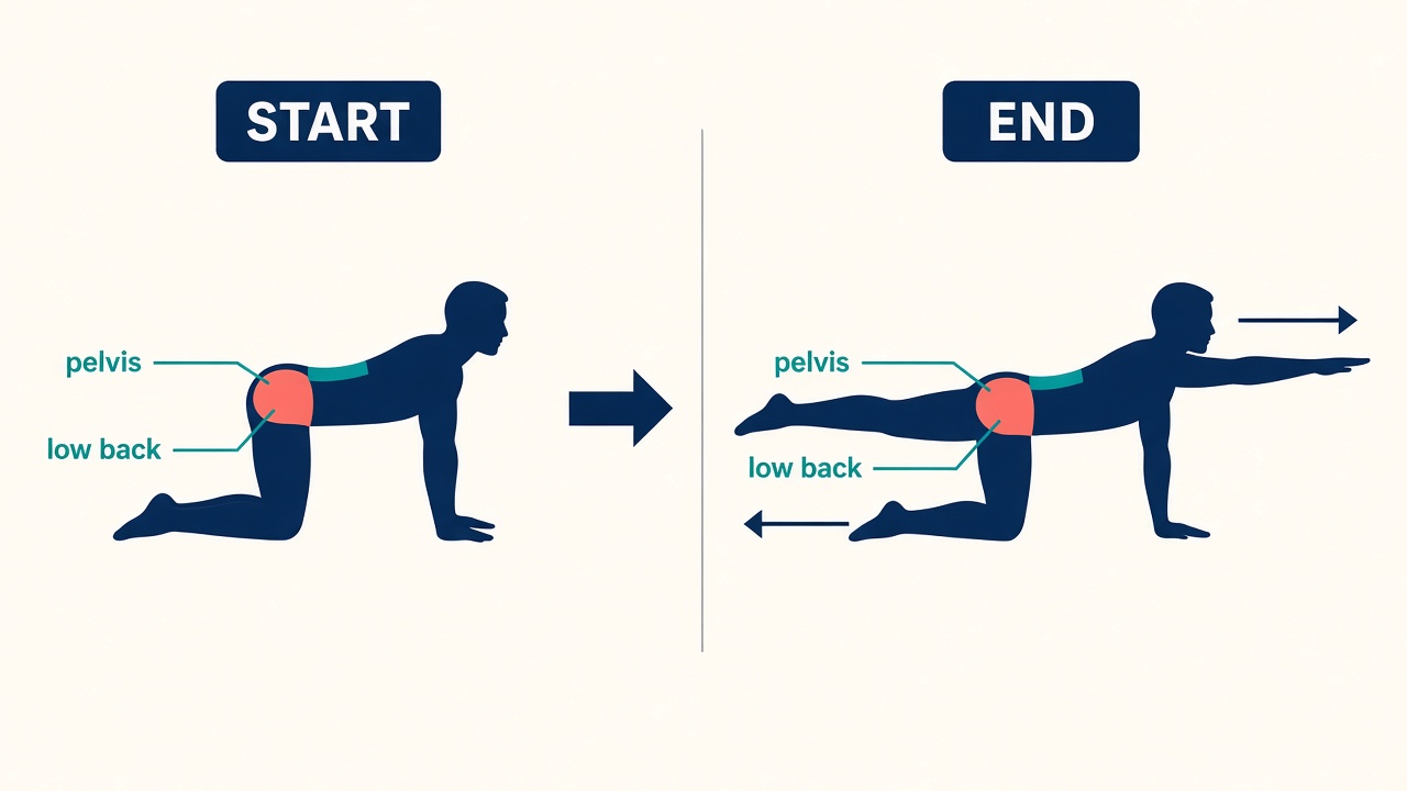 Side view bird dog. Start on hands and knees. End with one arm forward and the opposite leg back, spine long.