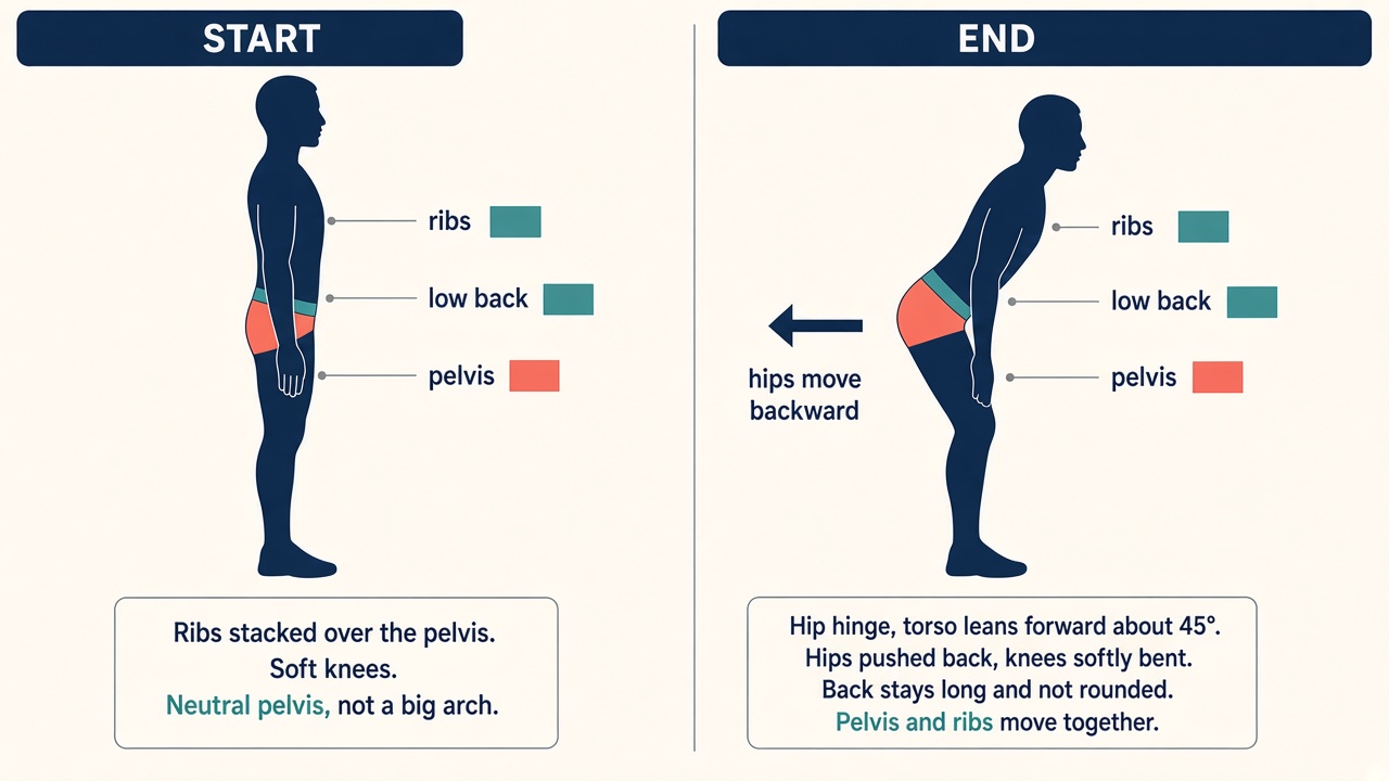 Side view bodyweight hinge. Start standing tall. End with hips back and hands sliding down the thighs, back long.
