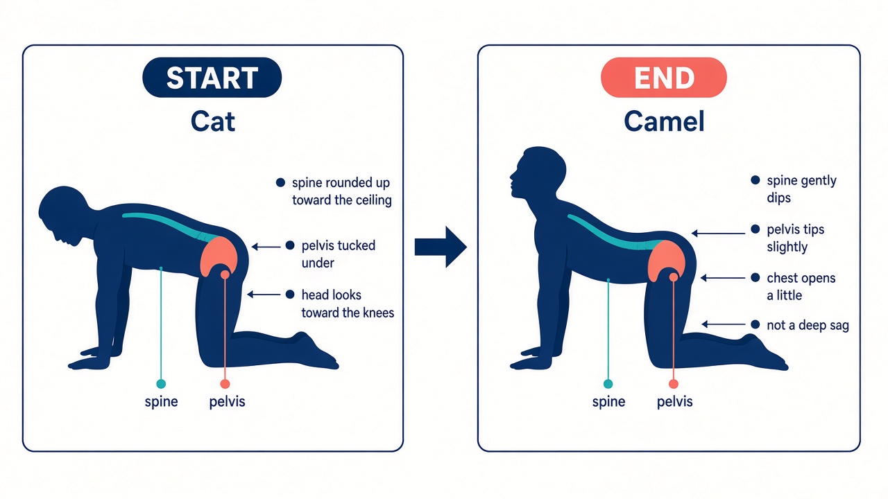 Hands and knees. Cat rounds the spine. Camel gently dips it. Not a deep sag.