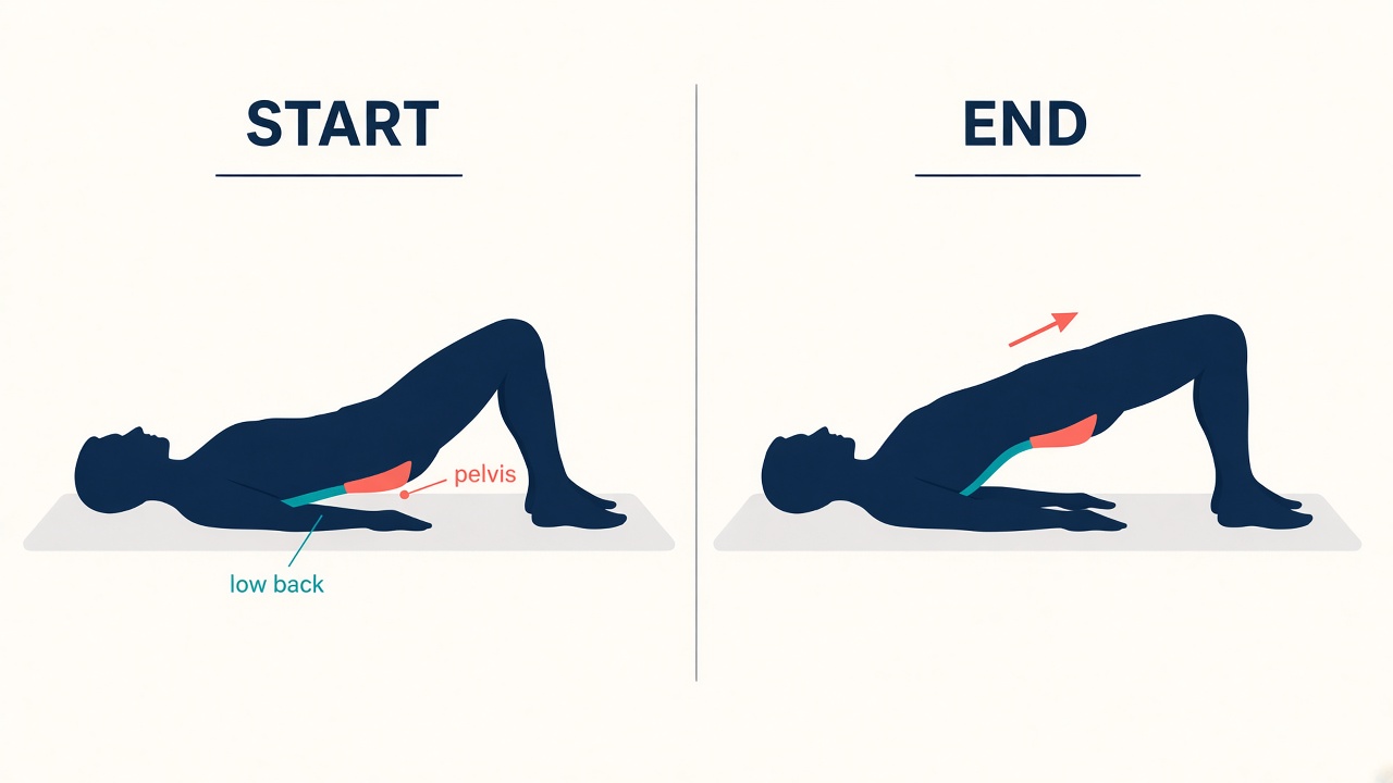 Side view glute bridge. Start lying with knees bent. End with hips lifted in a line from shoulders to knees.