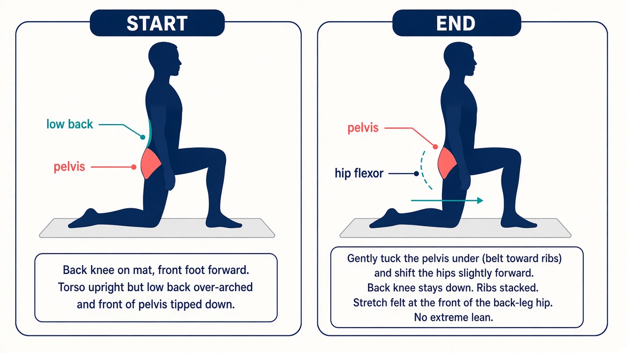 Half-kneeling hip flexor stretch. Start with an arched low back. End with the pelvis tucked and hips shifted slightly forward.