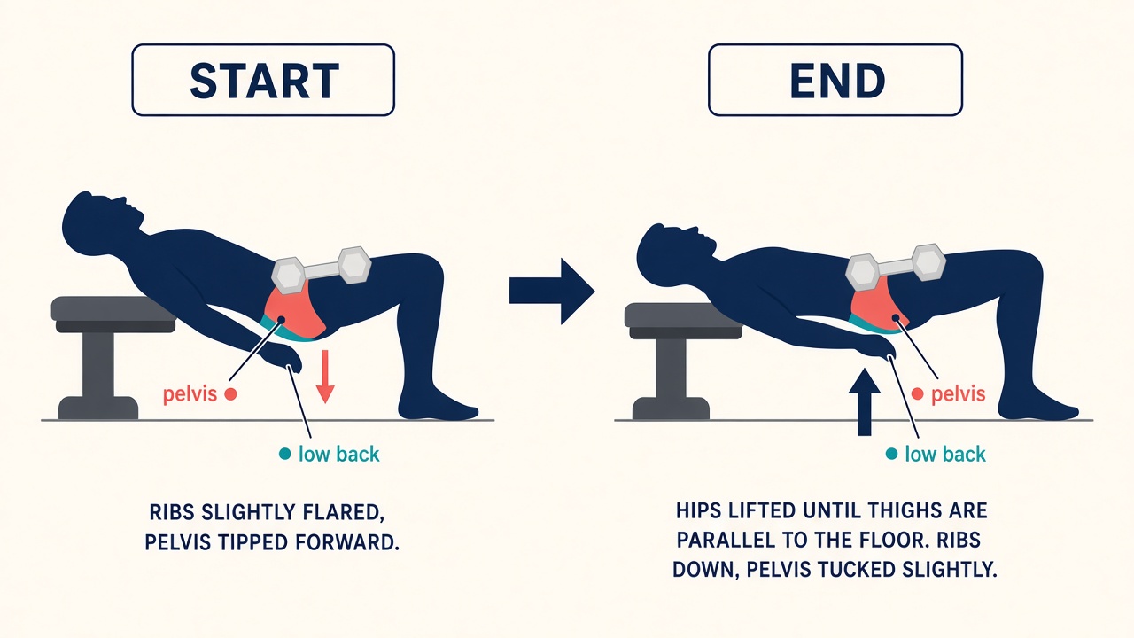 Side view hip thrust. Start with shoulders on a bench and hips low. End with hips lifted and a weight across the hips.