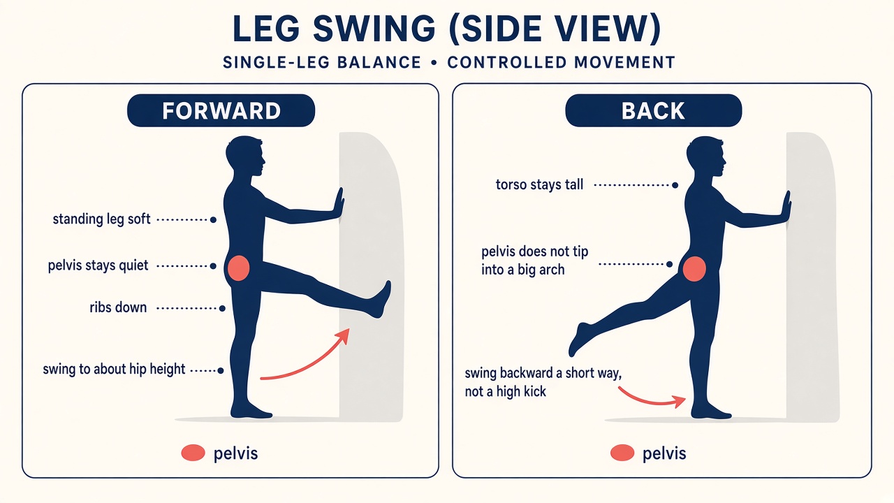 Side view leg swings. One panel swings the leg forward to about hip height. One panel swings it a short way back. Hand on a wall.
