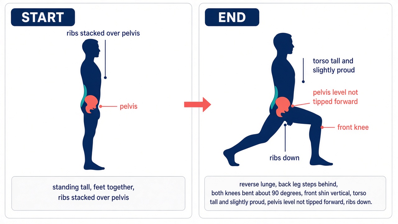 Side view reverse lunge. Start standing tall. End with the back leg stepped behind and both knees bent, torso upright.
