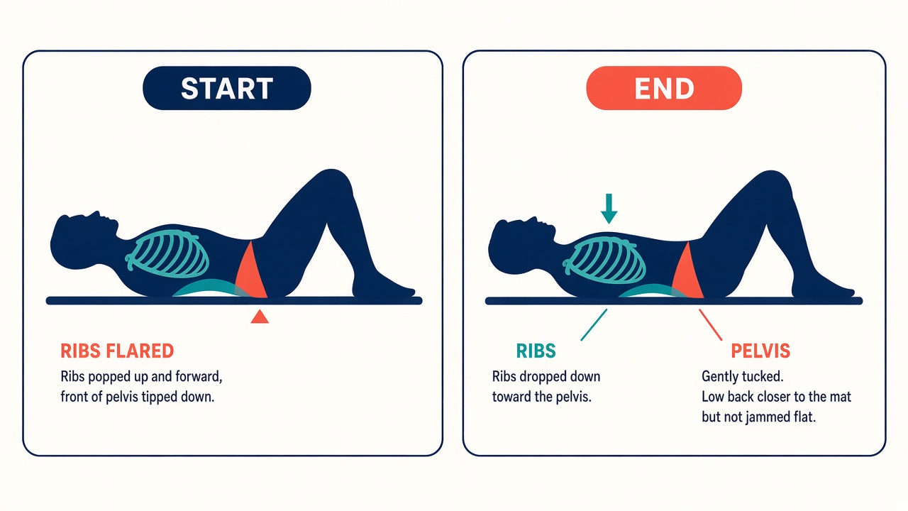 Side view. Start: ribs flared and low back arched. End: ribs dropped toward the pelvis, low back closer to the mat.