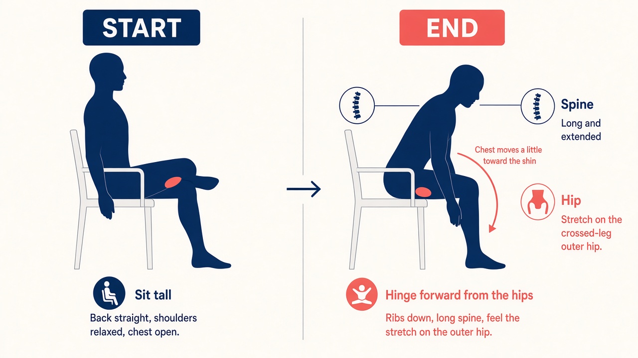 Seated figure-4. Start sitting tall with ankle on the opposite knee. End with a small hinge forward and a long spine.