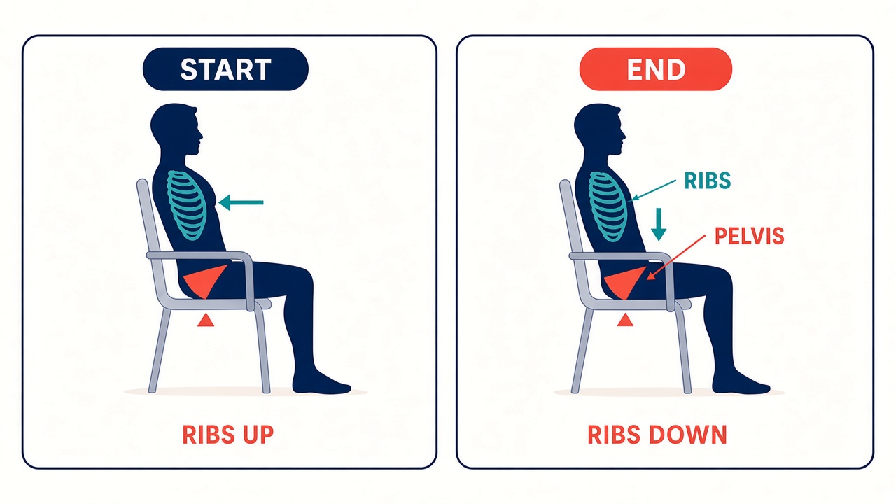 Side view in a chair. Start with ribs up and the low back arched. End with ribs dropped and the pelvis quieter.