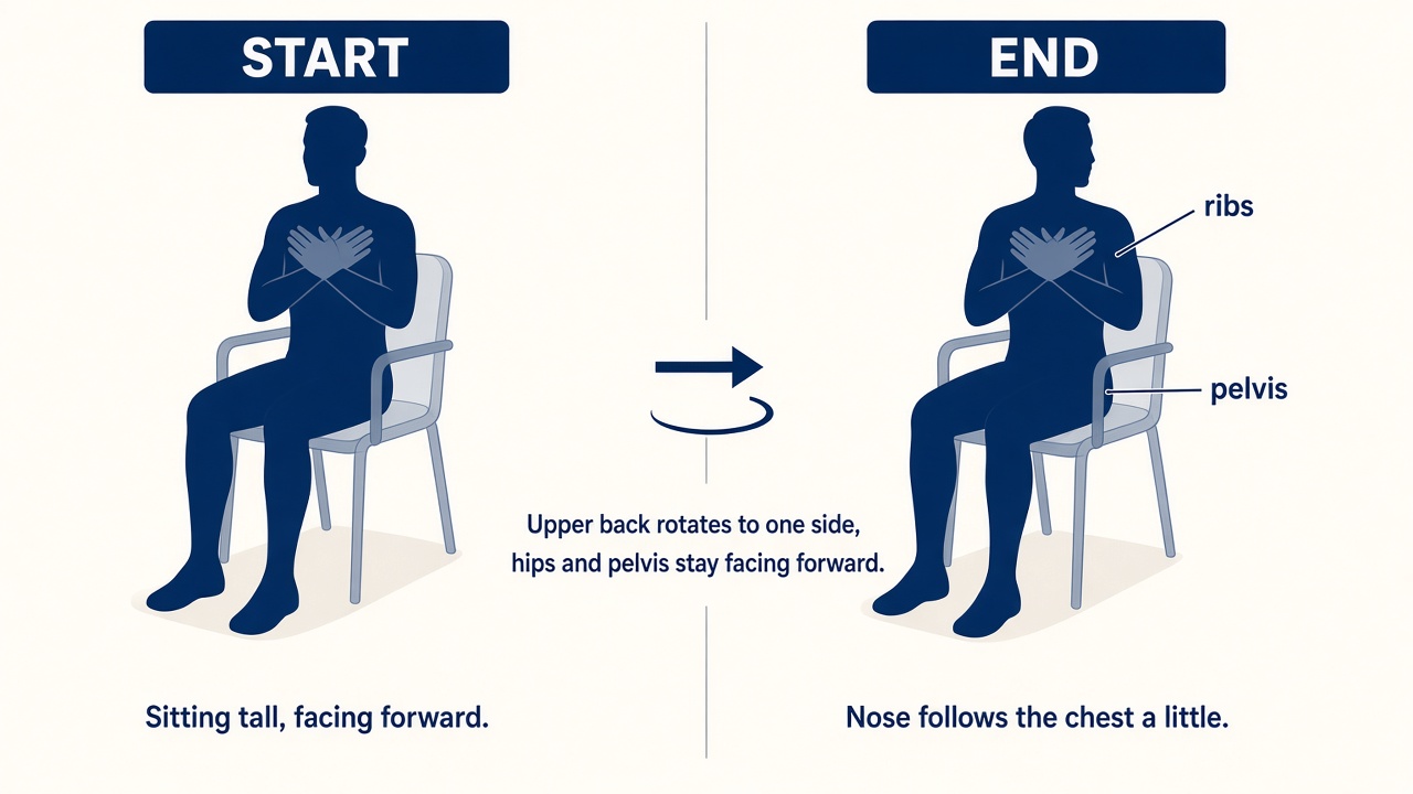 Seated rotation. Start facing forward. End with the chest turned and the hips still forward.