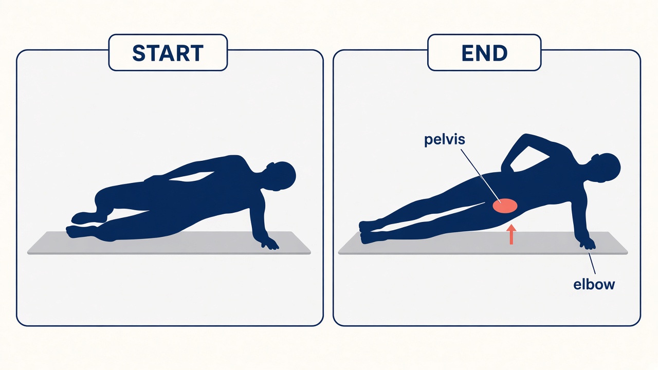 Side plank from the front. Start on the side with knees bent. End in a straight line from head to knees.