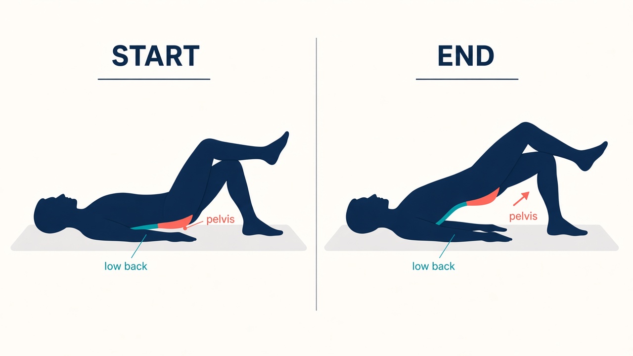 Side view single-leg bridge. Start with one foot down and the other leg lifted. End with hips up and the free leg still lifted.