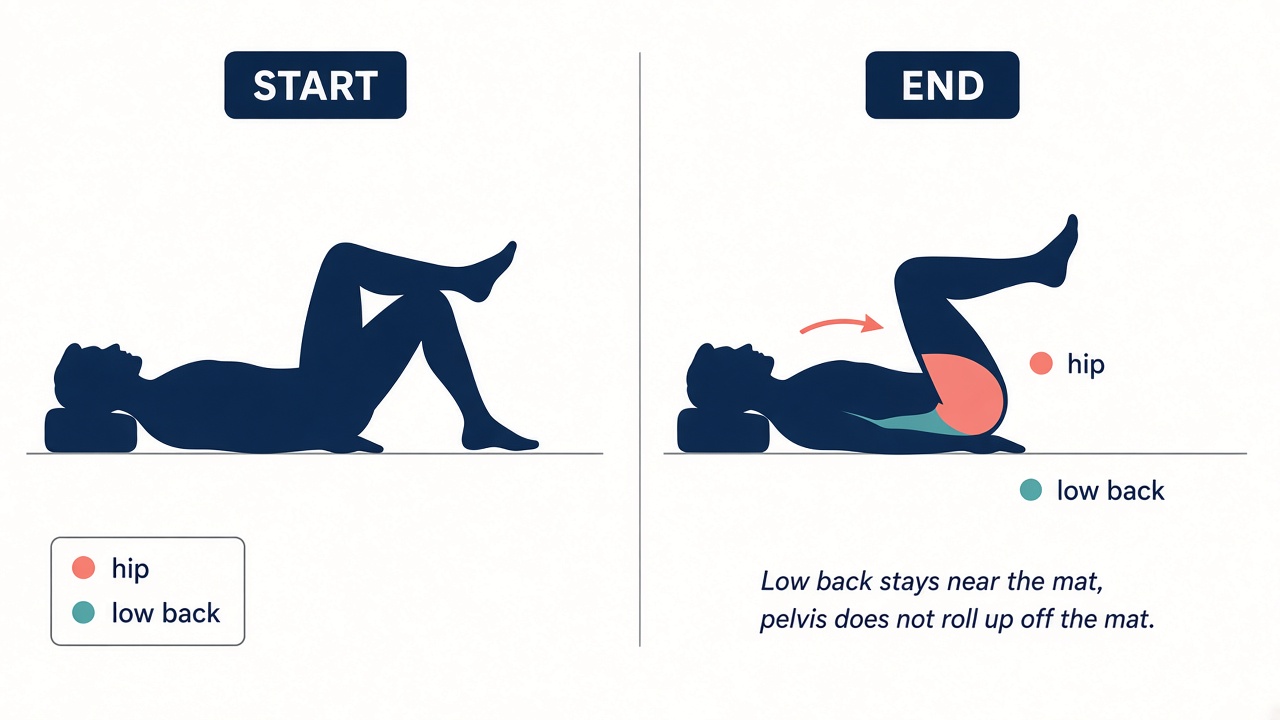 Lying figure-4 stretch. Ankle crossed over the opposite knee, thigh drawn gently toward the chest.